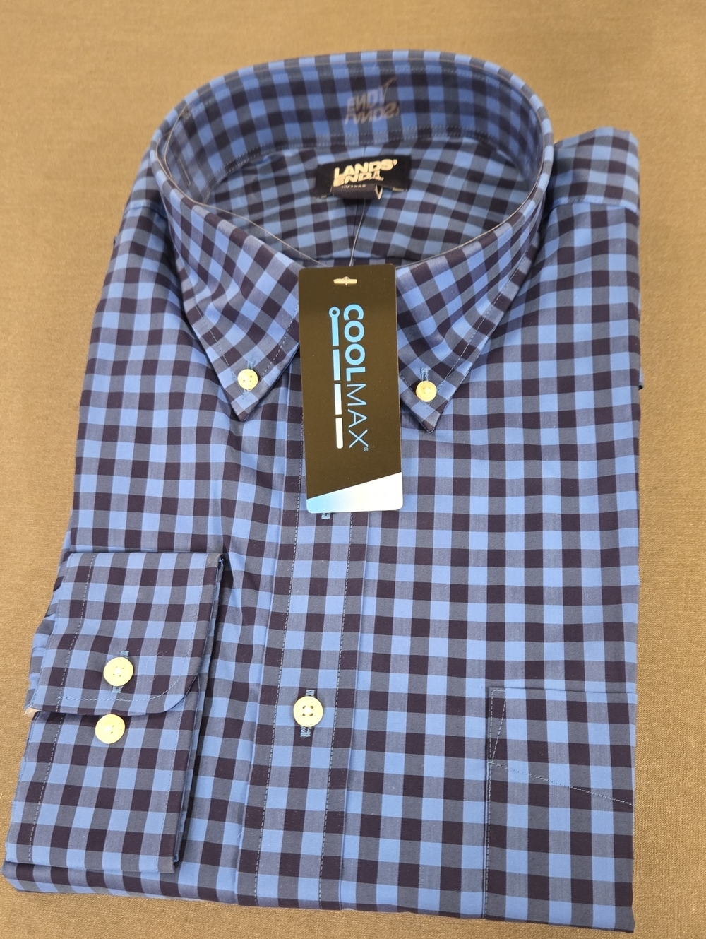 Lands' End Men's Blue and Navy Check CoolMax Button-Down Shirt